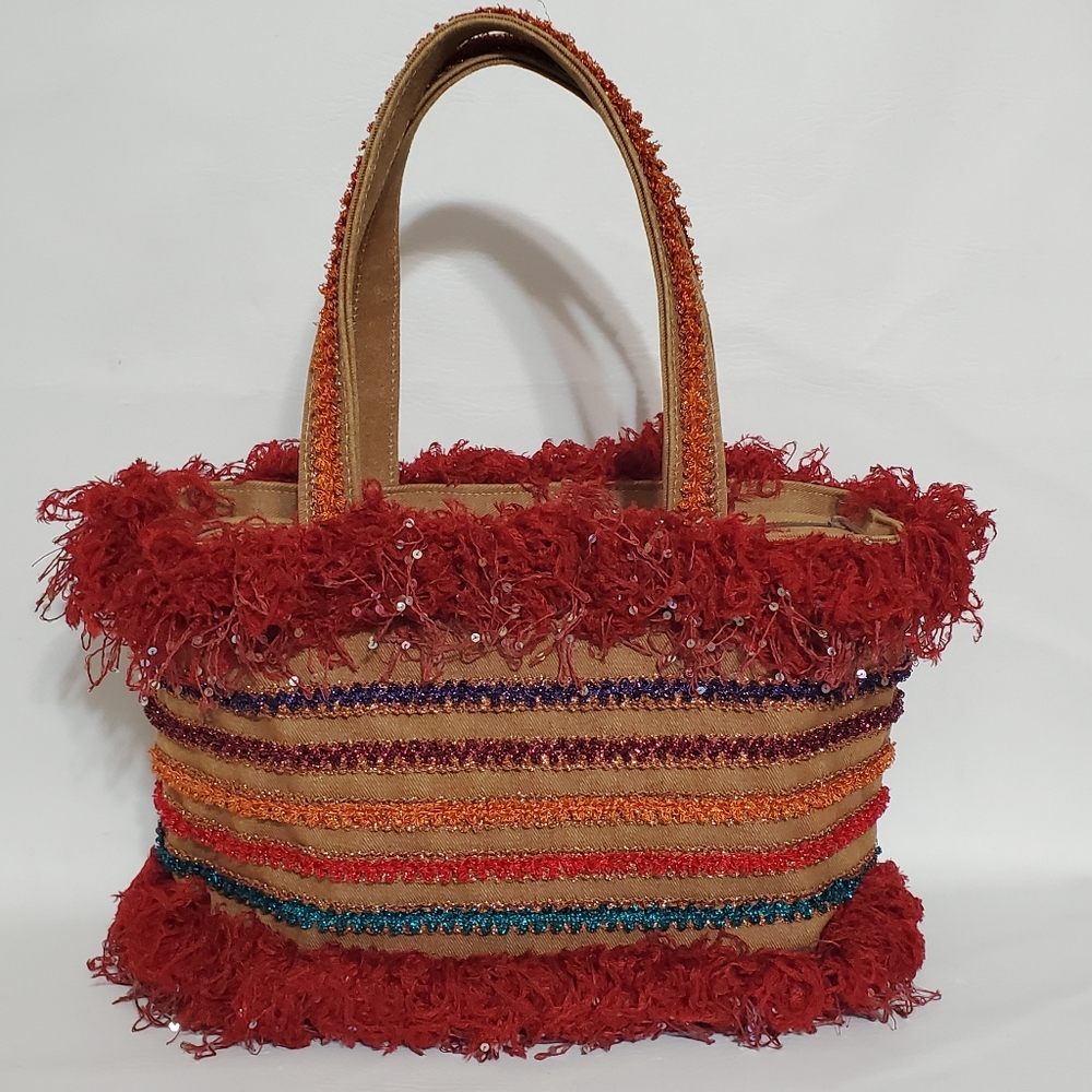 Chic Red and Orange Fringed Sequin Boa Tote Bag - Picture 3 of 8